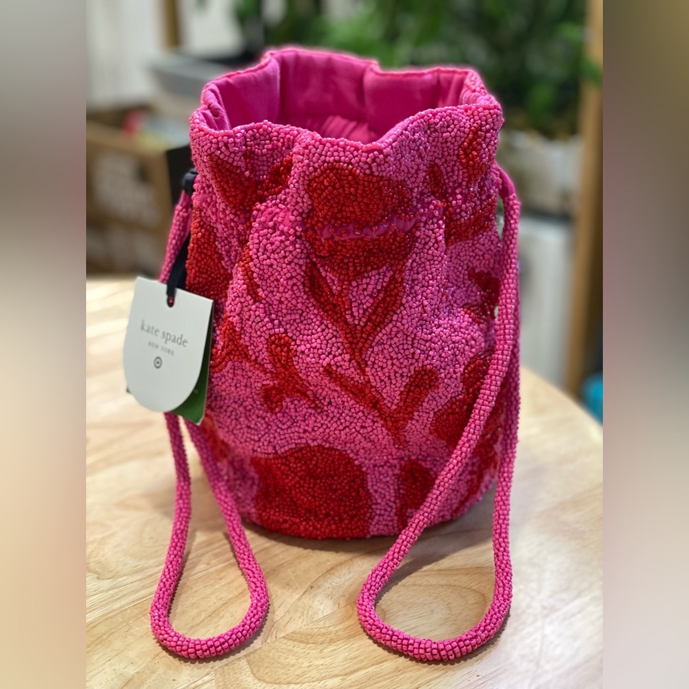 Kate Spade Small Pink and Red Beaded Bucket Bag - NWT